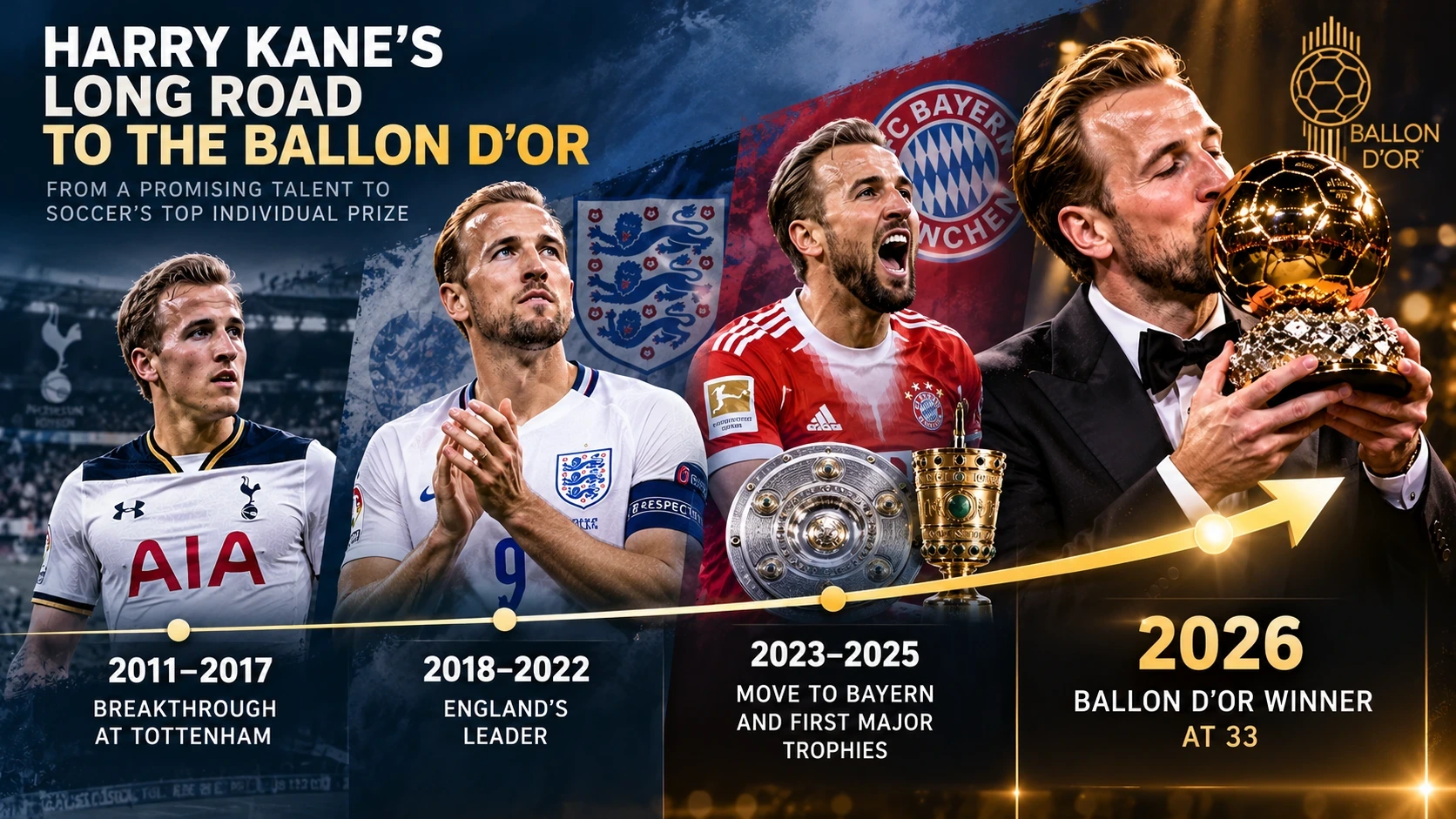 Timeline of Harry Kane's career from Tottenham to Bayern Munich, his first Bundesliga title in 2025, and the 2026 Ballon d'Or