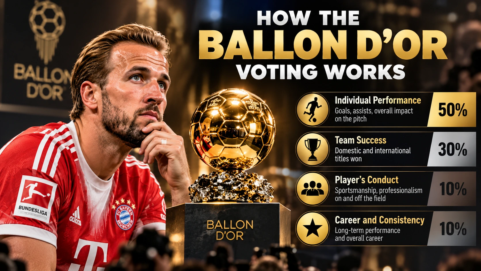 Diagram of the Ballon d'Or voting criteria, placing individual performance ahead of team achievements and fair play