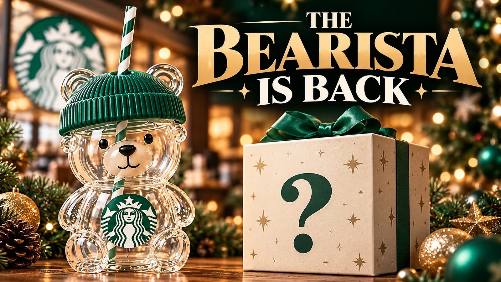 Editorial illustration of a glass bear-shaped Starbucks-style cold cup beside a mysterious gift box for the 2026 holiday release