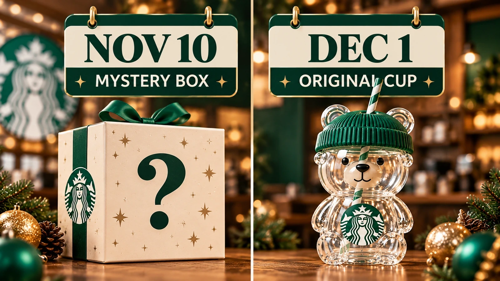 Two-date comparison showing the November 10 Bearista surprise-box launch and the December 1 original glass cup return