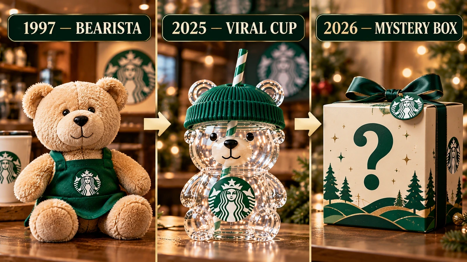 Illustrated progression from Starbucks Bearista plush collectibles to a viral glass cup and the 2026 mystery-box concept
