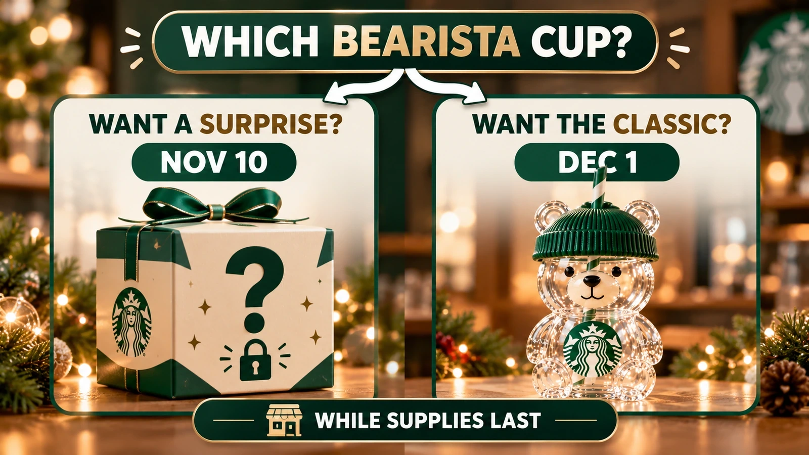Decision chart helping shoppers choose between the November 10 Bearista surprise box and the December 1 original design
