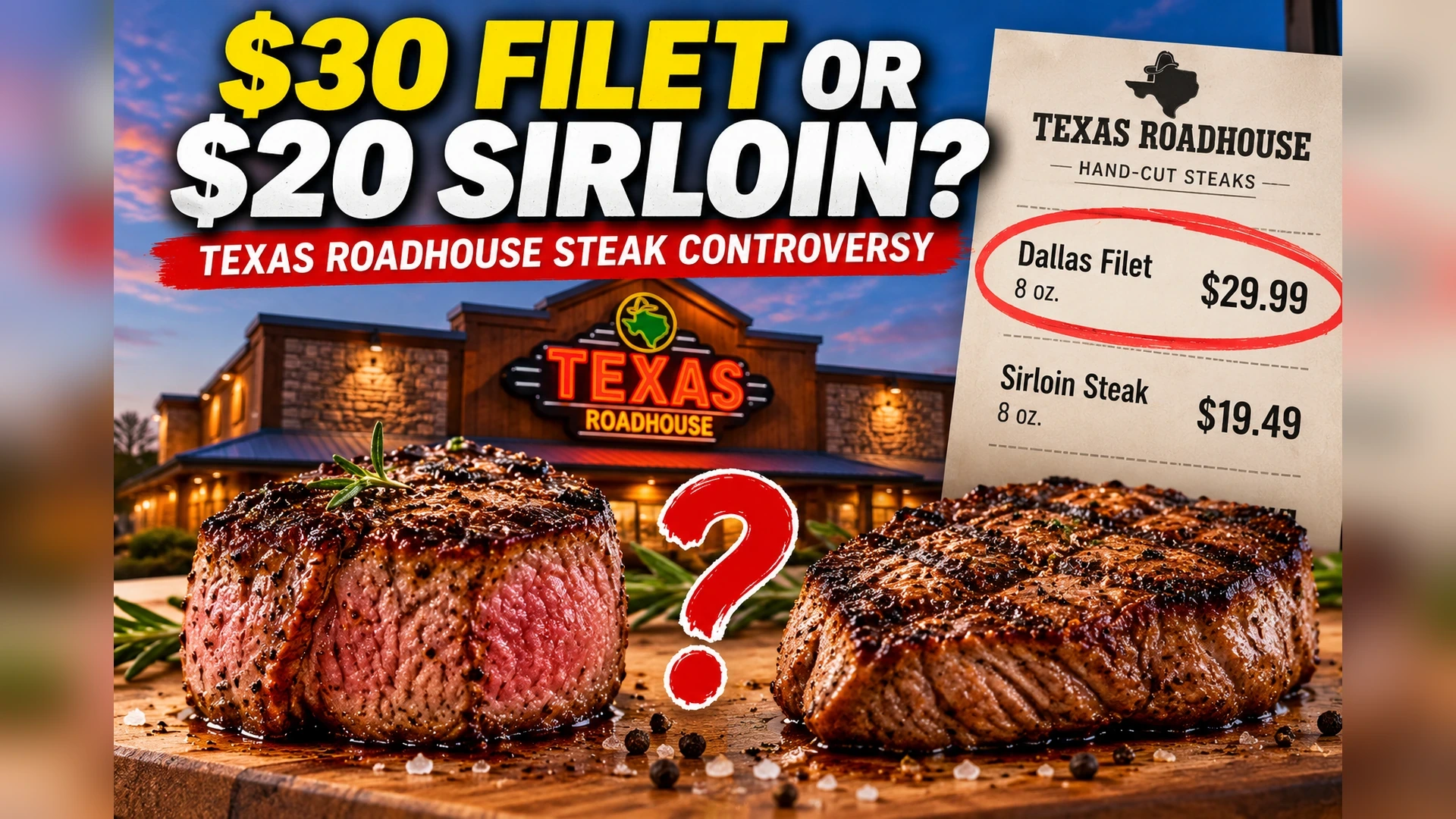 Editorial illustration comparing a premium filet steak with a less expensive sirloin and showing their reported menu prices