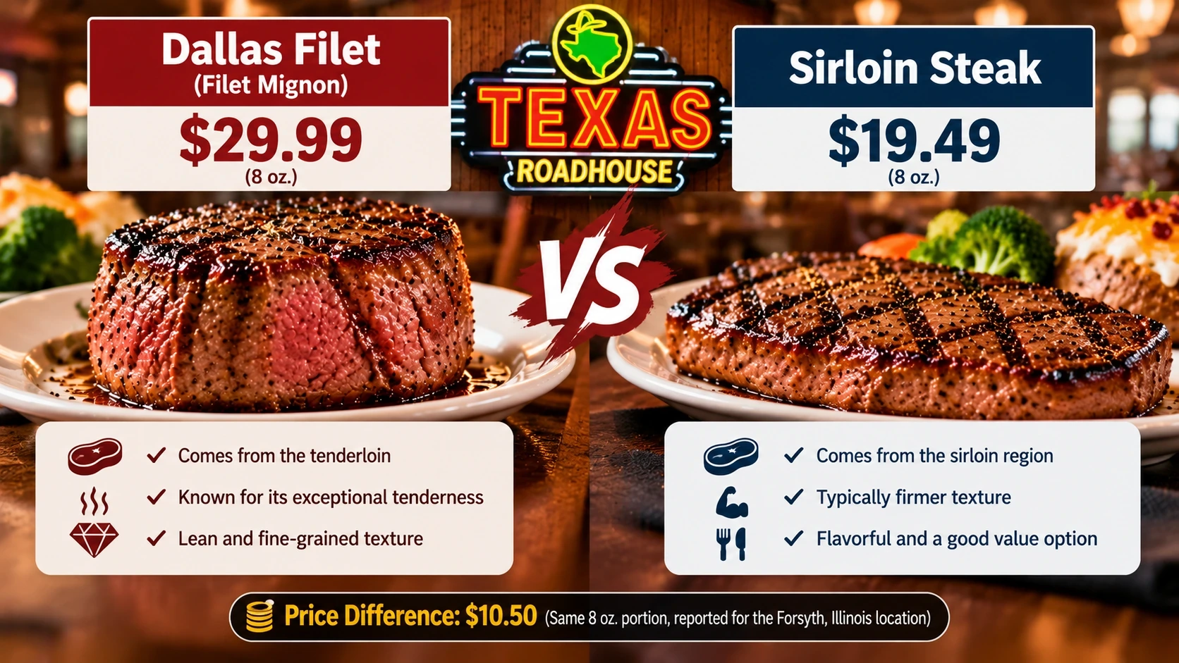Side-by-side price comparison of an eight-ounce Dallas Filet at $29.99 and an eight-ounce sirloin at $19.49, a $10.50 gap