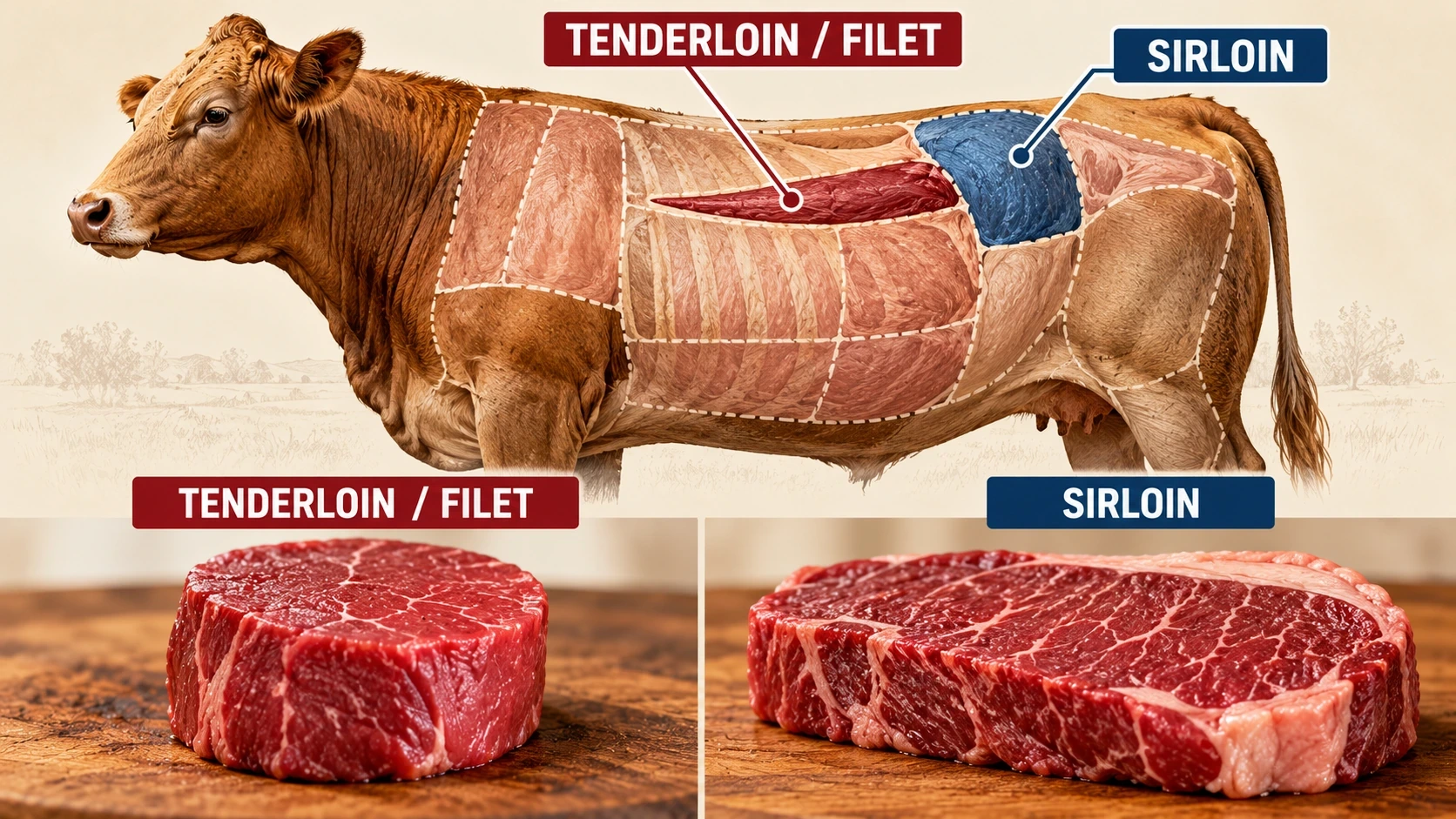Educational beef-cut diagram highlighting the tenderloin used for filet mignon and the sirloin region used for sirloin steaks