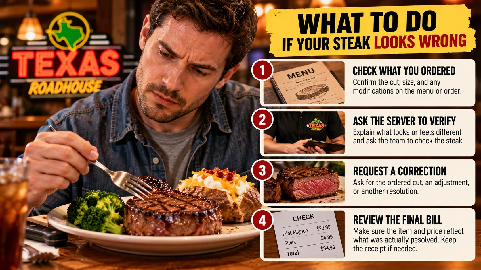 Restaurant order-checking flowchart showing how to question a steak cut, ask staff to verify it, and review the final check
