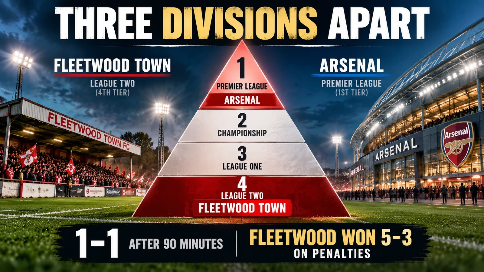 Diagram comparing Arsenal in England's top-tier Premier League with Fleetwood Town in fourth-tier League Two, three divisions below.