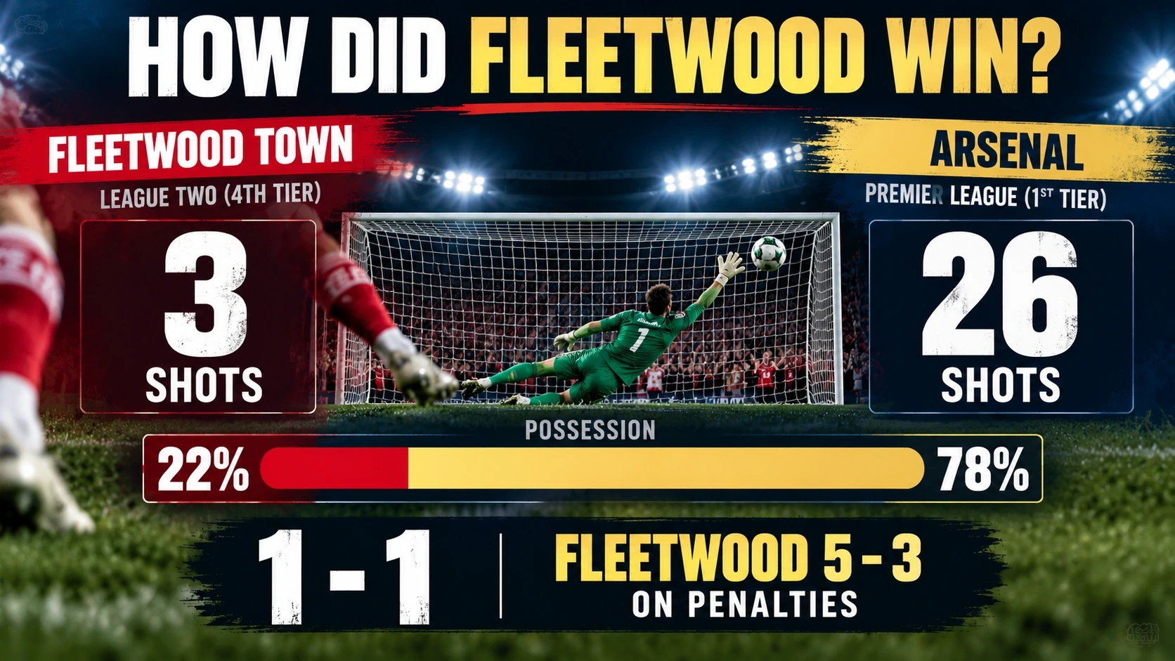 Sports infographic comparing Fleetwood's three shots and 22 percent possession with Arsenal's 26 shots and 78 percent possession.