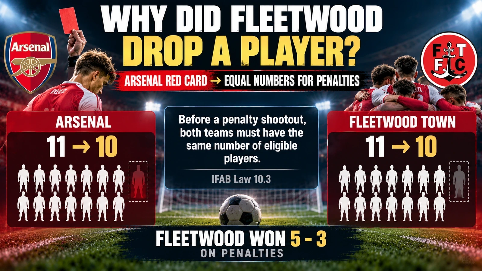 Illustration showing Arsenal reduced to 10 players after a red card and Fleetwood matching the same number of eligible penalty-shootout participants.