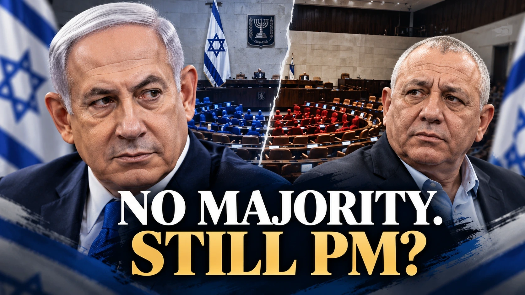 Editorial illustration of Benjamin Netanyahu and Gadi Eisenkot against a divided Israeli parliament