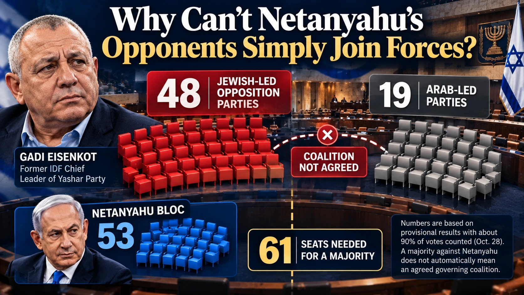 Coalition diagram showing why Jewish-led opposition parties and Arab-led parties face political obstacles to forming a government