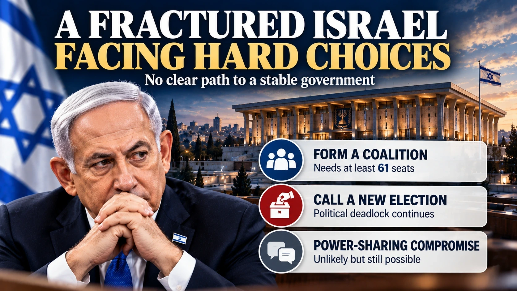 Flowchart explaining how Israel's president assigns government formation talks while the outgoing prime minister remains in office