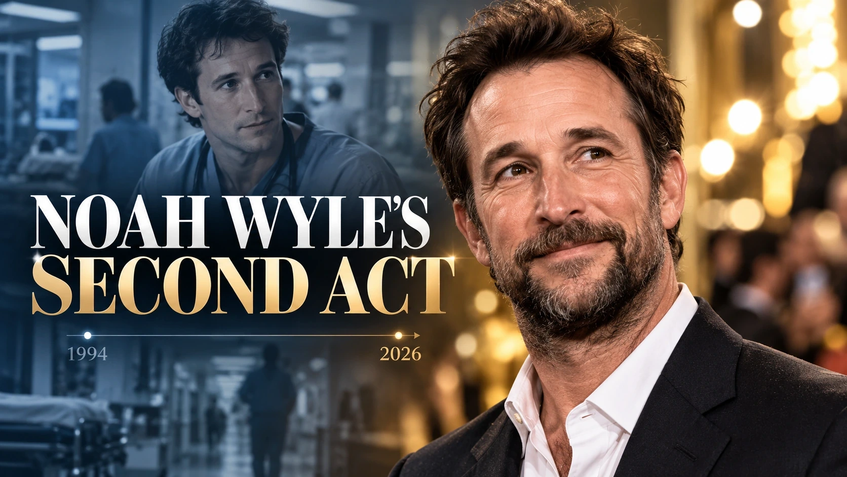 Editorial portrait illustration of Noah Wyle at 55, contrasting his ER breakthrough with his new success on The Pitt