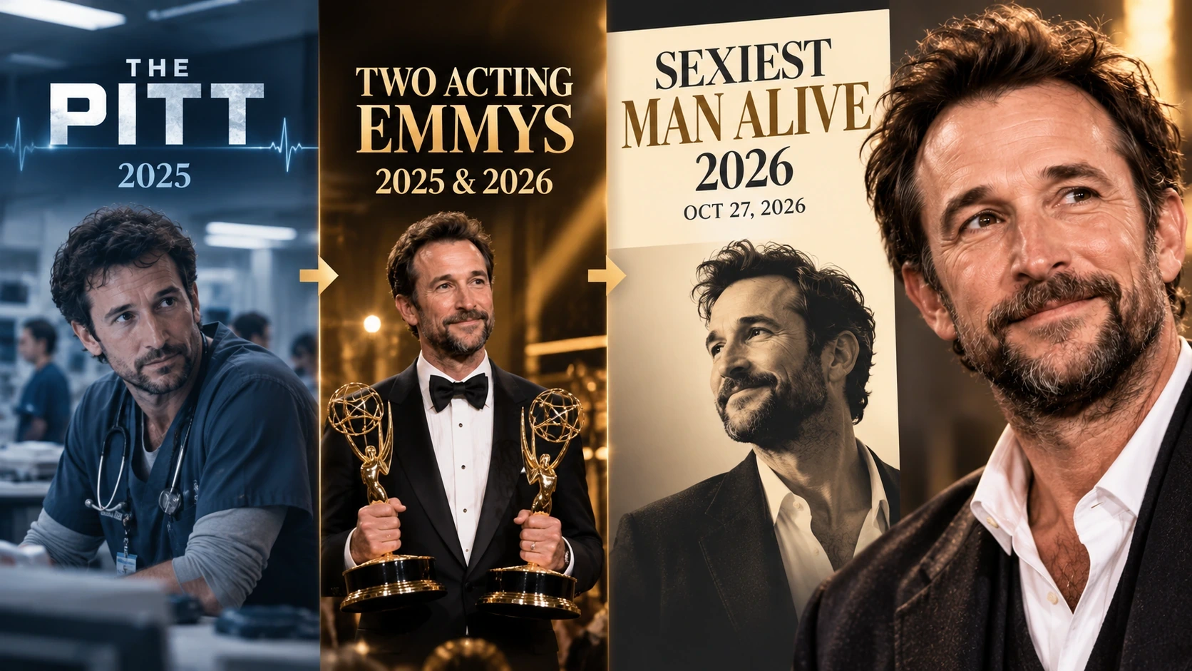 Timeline highlighting Noah Wyle's return to prominence through The Pitt, Emmy wins, and the 2026 Sexiest Man Alive announcement