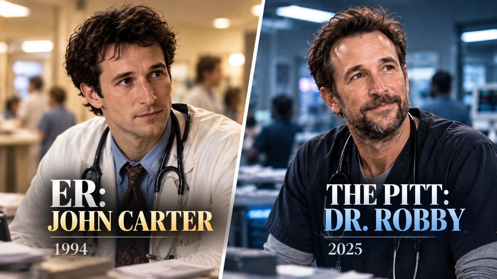 Comparison of young John Carter in the 1990s ER era and experienced Dr. Robby in the modern The Pitt era