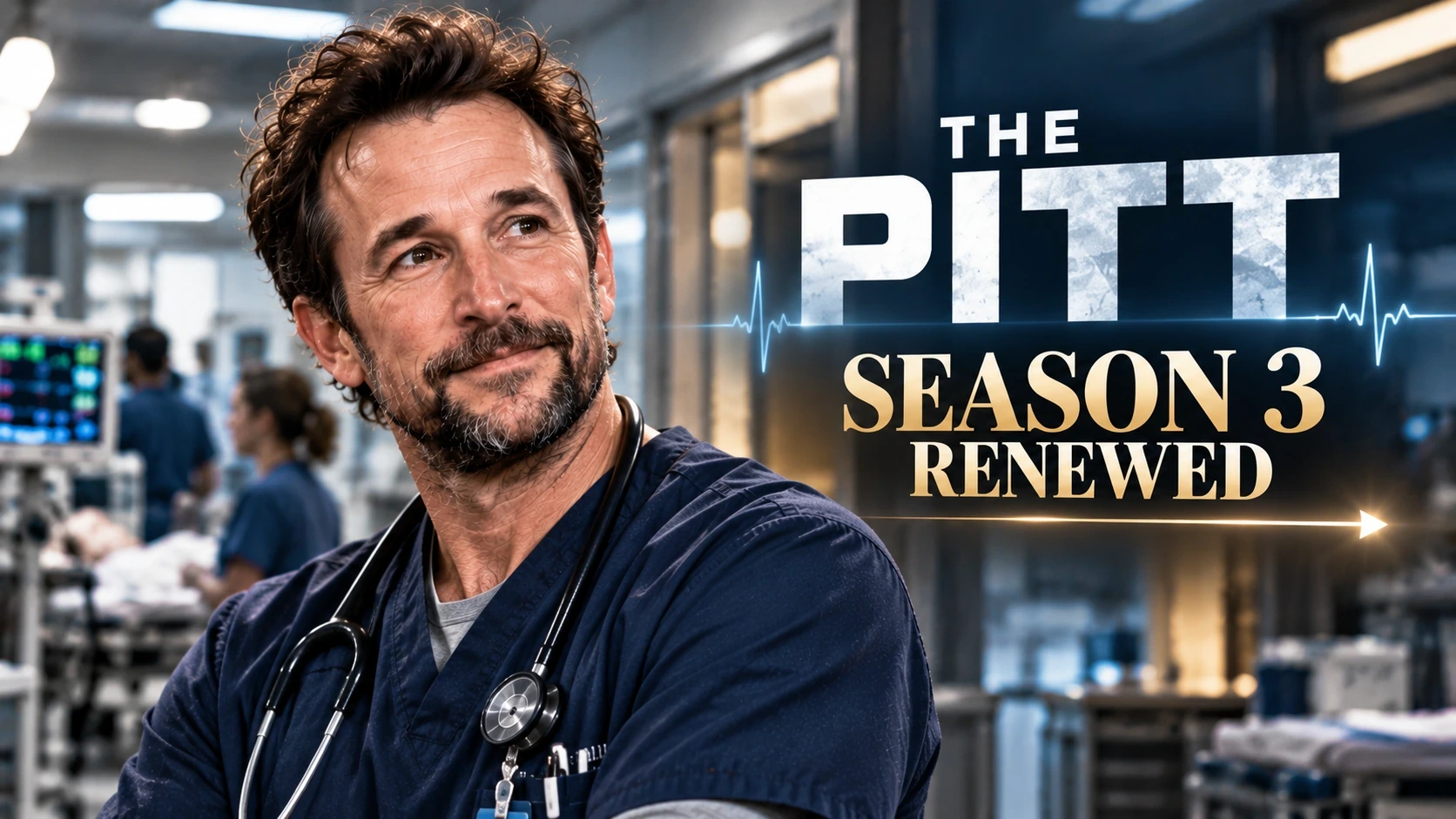 Editorial illustration of Noah Wyle as Dr. Robby inside a hospital with The Pitt Season 3 renewed announcement