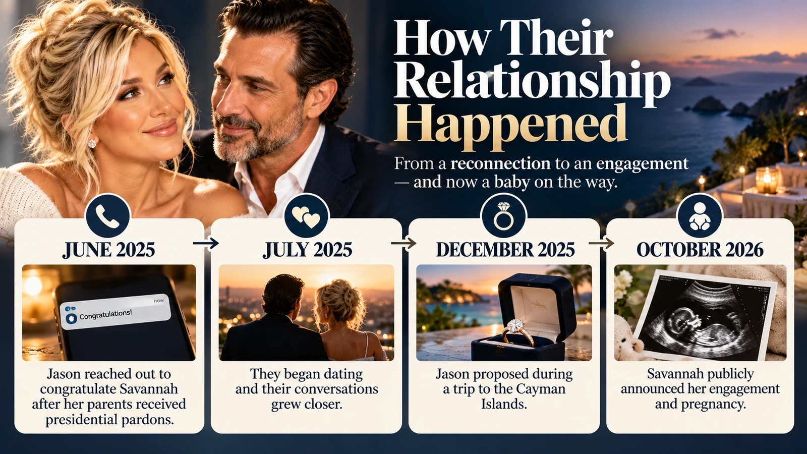 Timeline showing the relationship between Savannah Chrisley and Jason Galanis from their 2025 reconnection to their 2026 announcement