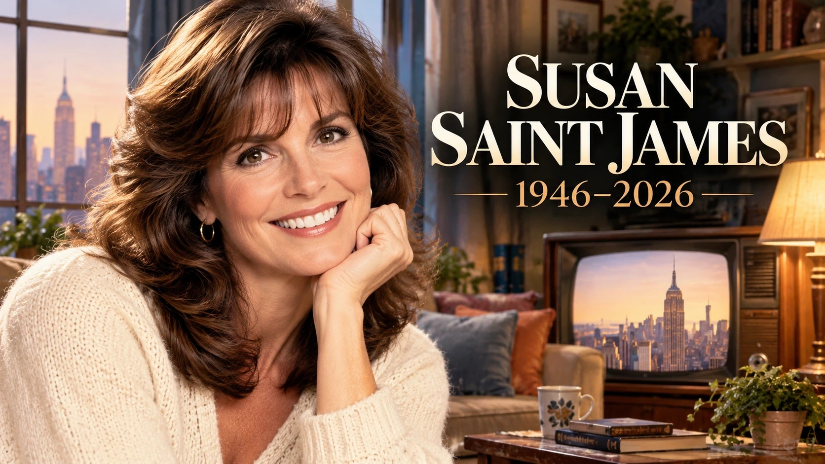 Editorial portrait of Susan Saint James with visual references to her television career and Kate & Allie