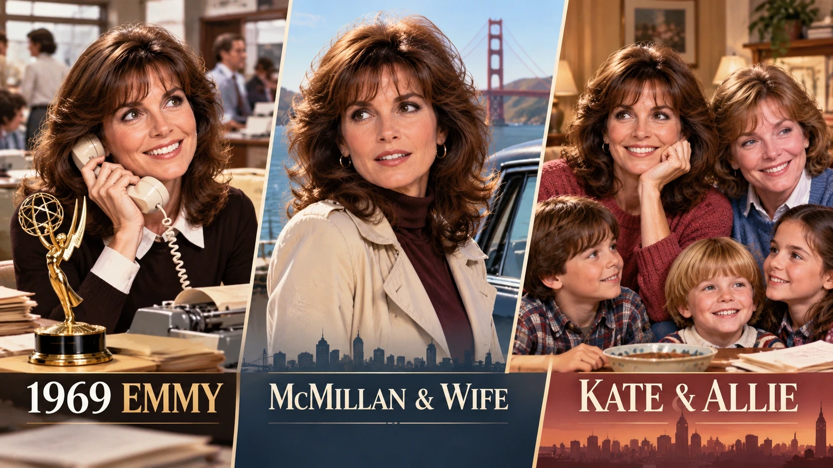 Illustrated timeline of Susan Saint James's television career from The Name of the Game to McMillan & Wife and Kate & Allie