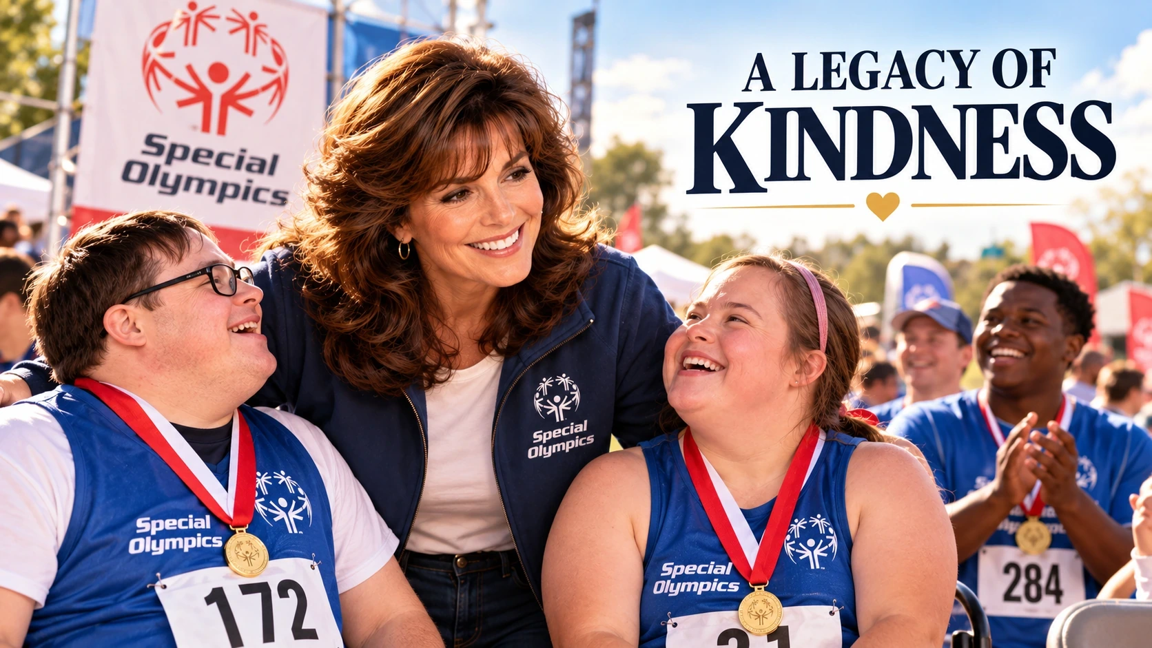 Symbolic editorial illustration honoring Susan Saint James's long-standing support for Special Olympics athletes and families