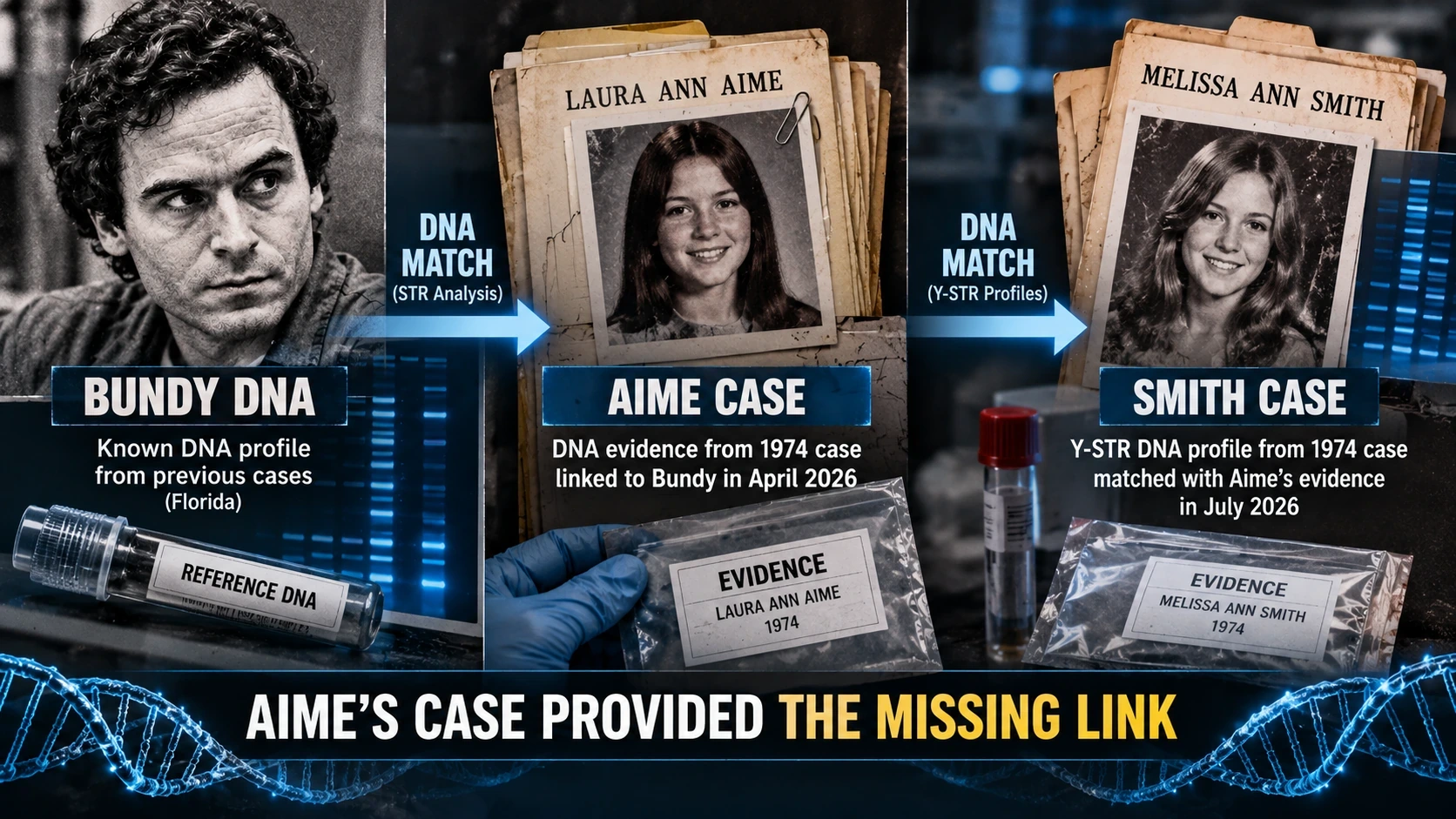 Three-stage forensic evidence diagram connecting Bundy's known DNA profile to Laura Ann Aime's case and then to Melissa Ann Smith's case
