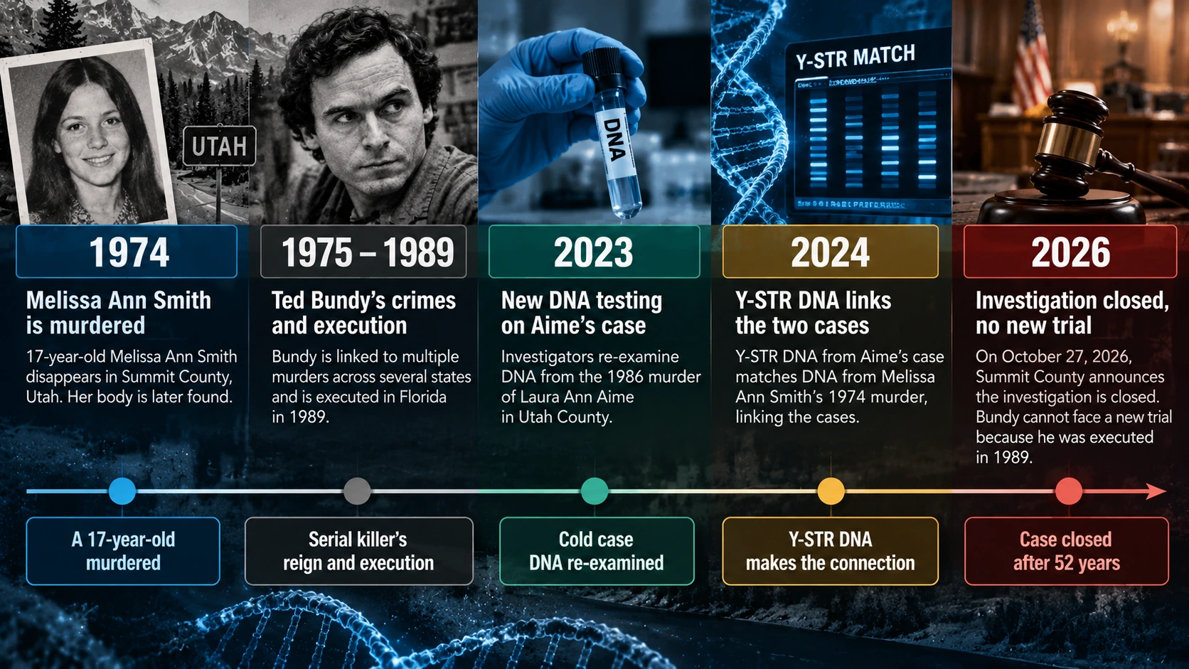 Timeline showing the 1974 disappearance, 2026 Laura Aime DNA breakthrough, July evidence comparison and October closure of the Melissa Ann Smith case