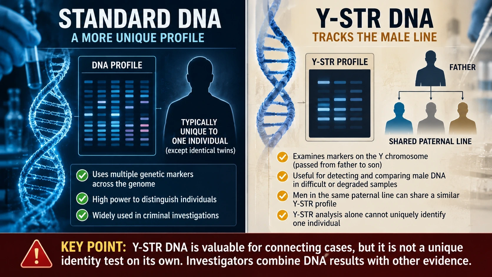 Simple forensic comparison showing standard DNA profiling and Y-STR lineage matching as different kinds of evidence