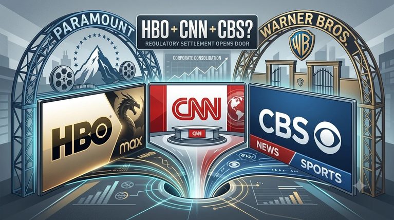 Editorial illustration showing HBO, CNN and CBS screens converging beneath a Paramount and Warner Bros. corporate merger
